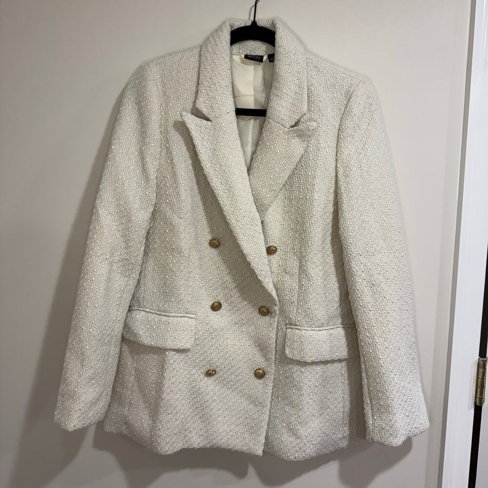Esmara Womens Cream Gold Double Breasted Boucle Tweed Blazer Jacket Size 6